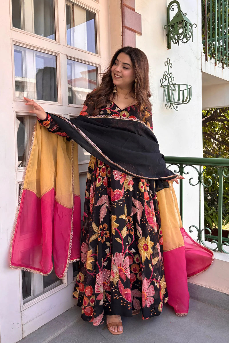 Women's Floral Printed Viscose Organza Kurta Pant Dupatta Set