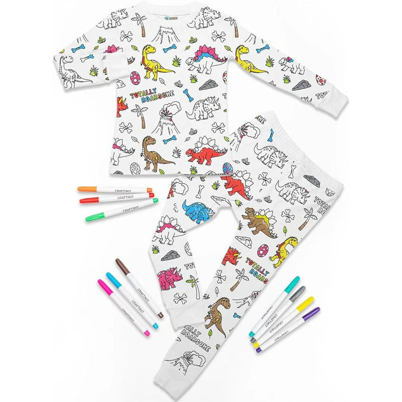Kids Coloring Pajama Set with 12 Washable Markers – DIY Color Your Own Sleepwear for Boys & Girls
