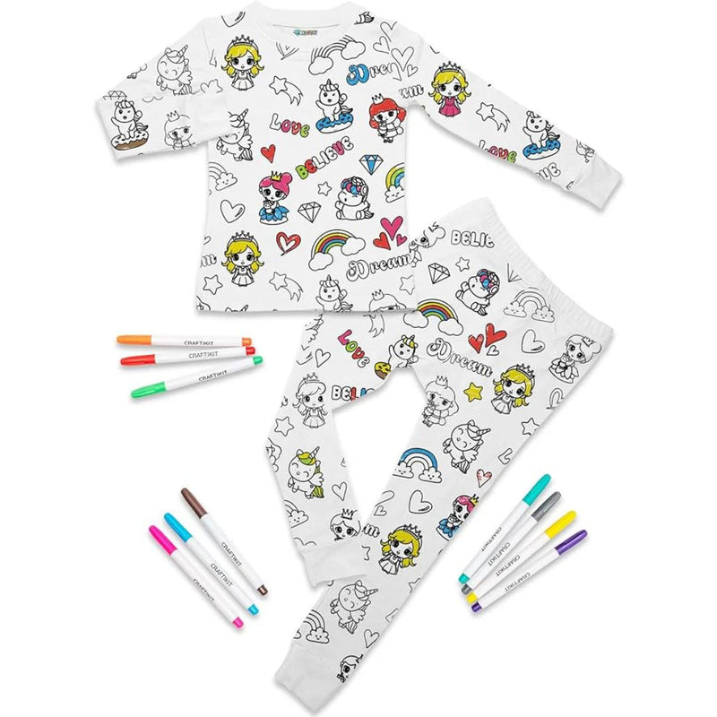 Kids Coloring Pajama Set with 12 Washable Markers – DIY Color Your Own Sleepwear for Boys & Girls