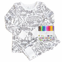 Kids Coloring Pajama Set with 12 Washable Markers – DIY Color Your Own Sleepwear for Boys & Girls