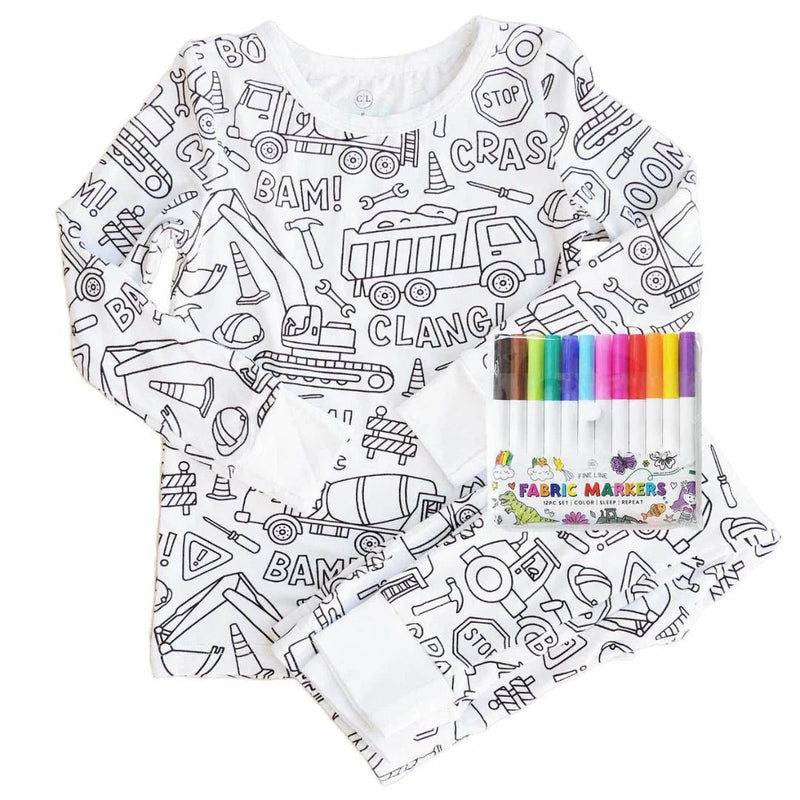 Kids Coloring Pajama Set with 12 Washable Markers – DIY Color Your Own Sleepwear for Boys & Girls