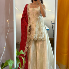Ivory Silk Sharara Set with Golden Thread Embroidery & Red Bandhej Dupatta