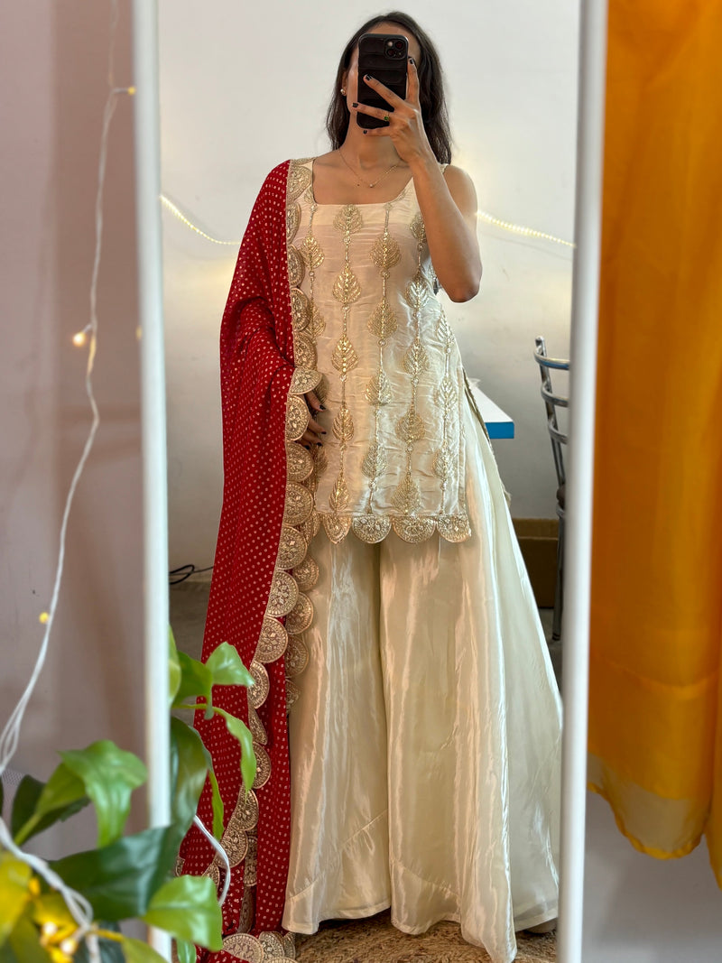 Ivory Silk Sharara Set with Golden Thread Embroidery & Red Bandhej Dupatta