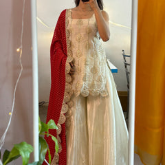 Ivory Silk Sharara Set with Golden Thread Embroidery & Red Bandhej Dupatta