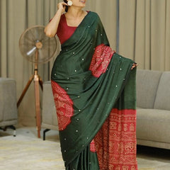 Women’s Forest Green Pure Modal Silk Saree with Rustic Red Folk Art Print & Traditional Designer Pallu