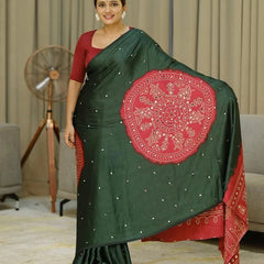 Women’s Forest Green Pure Modal Silk Saree with Rustic Red Folk Art Print & Traditional Designer Pallu