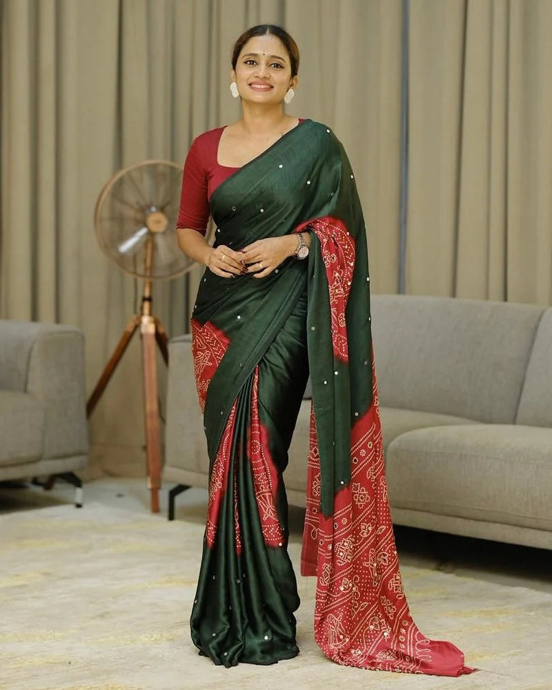 Women’s Forest Green Pure Modal Silk Saree with Rustic Red Folk Art Print & Traditional Designer Pallu