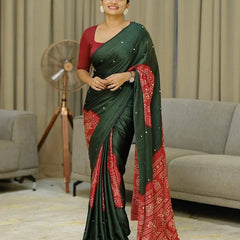 Women’s Forest Green Pure Modal Silk Saree with Rustic Red Folk Art Print & Traditional Designer Pallu