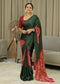 Women’s Forest Green Pure Modal Silk Saree with Rustic Red Folk Art Print & Traditional Designer Pallu