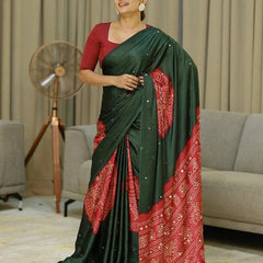 Women’s Forest Green Pure Modal Silk Saree with Rustic Red Folk Art Print & Traditional Designer Pallu