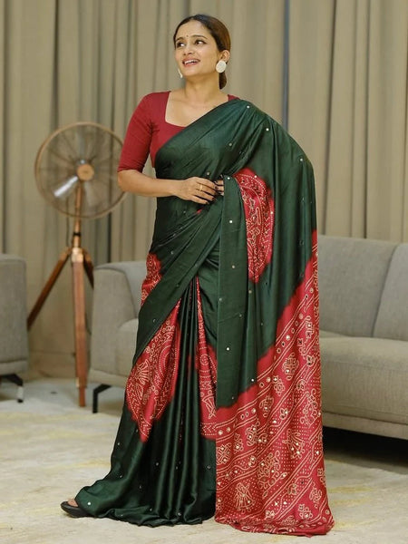 Women’s Forest Green Pure Modal Silk Saree with Rustic Red Folk Art Print & Traditional Designer Pallu