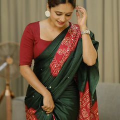 Women’s Forest Green Pure Modal Silk Saree with Rustic Red Folk Art Print & Traditional Designer Pallu