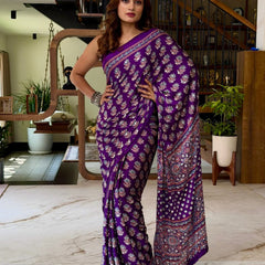 Royal Purple Pure Modal Silk Saree with Ajrakh Inspired Floral Print & Heritage Designer Pallu