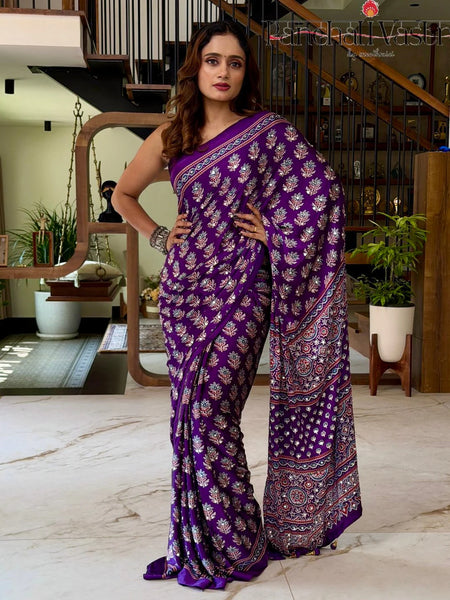 Royal Purple Pure Modal Silk Saree with Ajrakh Inspired Floral Print & Heritage Designer Pallu