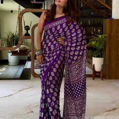 Royal Purple Pure Modal Silk Saree with Ajrakh Inspired Floral Print & Heritage Designer Pallu