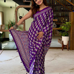 Royal Purple Pure Modal Silk Saree with Ajrakh Inspired Floral Print & Heritage Designer Pallu