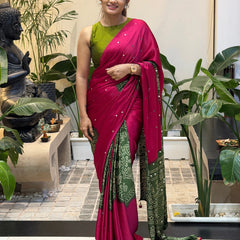 Women’s Rani Pink Pure Modal Silk Saree with Olive Green Folk Art Print & Traditional Tribal Designer Pallu