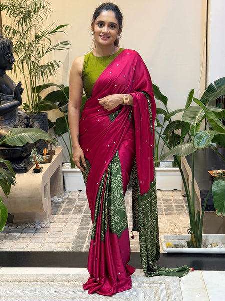 Women’s Rani Pink Pure Modal Silk Saree with Olive Green Folk Art Print & Traditional Tribal Designer Pallu