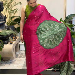 Women’s Rani Pink Pure Modal Silk Saree with Olive Green Folk Art Print & Traditional Tribal Designer Pallu