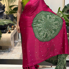 Women’s Rani Pink Pure Modal Silk Saree with Olive Green Folk Art Print & Traditional Tribal Designer Pallu