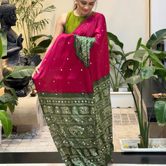 Women’s Rani Pink Pure Modal Silk Saree with Olive Green Folk Art Print & Traditional Tribal Designer Pallu