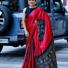 Women’s Ruby Red Pure Modal Silk Saree with Black Folk Art Border & Traditional Tribal Print Designer Pallu