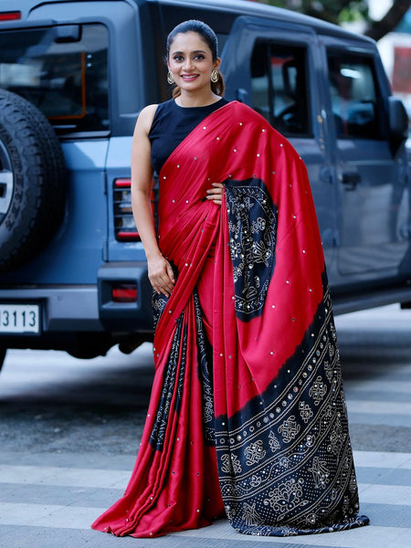 Women’s Ruby Red Pure Modal Silk Saree with Black Folk Art Border & Traditional Tribal Print Designer Pallu