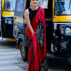 Women’s Ruby Red Pure Modal Silk Saree with Black Folk Art Border & Traditional Tribal Print Designer Pallu