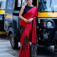Women’s Ruby Red Pure Modal Silk Saree with Black Folk Art Border & Traditional Tribal Print Designer Pallu