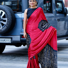 Women’s Ruby Red Pure Modal Silk Saree with Black Folk Art Border & Traditional Tribal Print Designer Pallu