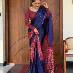 Women’s Royal Navy Blue Pure Modal Silk Saree with Wine Red Folk Art Print & Heritage Designer Pallu