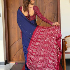Women’s Royal Navy Blue Pure Modal Silk Saree with Wine Red Folk Art Print & Heritage Designer Pallu