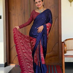 Women’s Royal Navy Blue Pure Modal Silk Saree with Wine Red Folk Art Print & Heritage Designer Pallu
