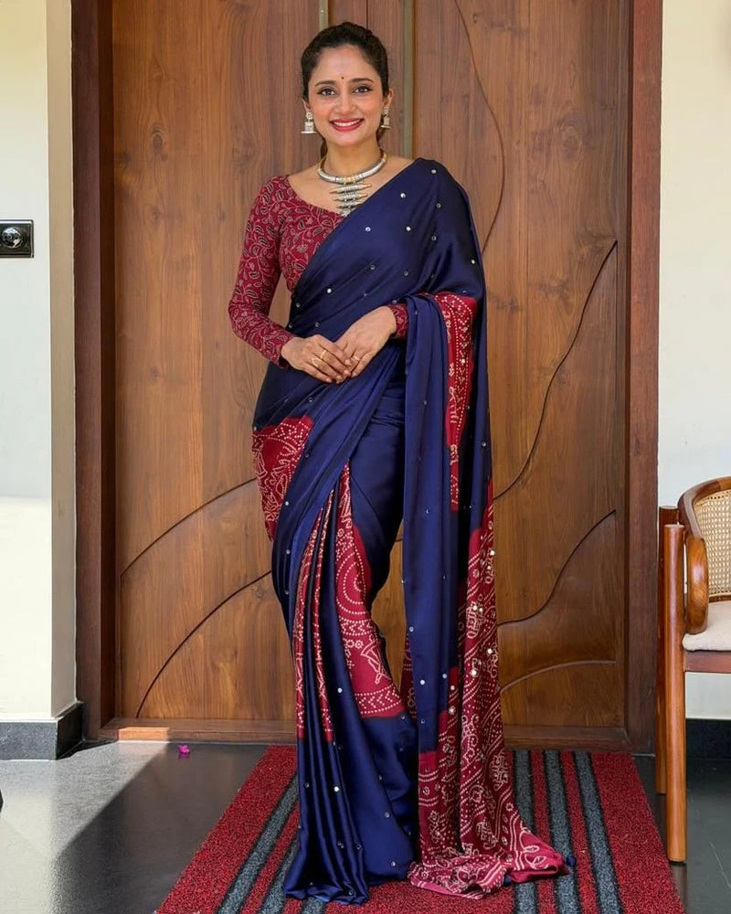 Women’s Royal Navy Blue Pure Modal Silk Saree with Wine Red Folk Art Print & Heritage Designer Pallu