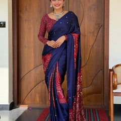 Women’s Royal Navy Blue Pure Modal Silk Saree with Wine Red Folk Art Print & Heritage Designer Pallu