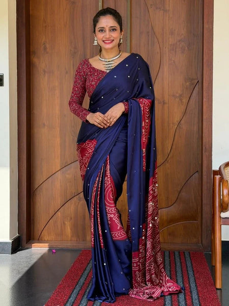 Women’s Royal Navy Blue Pure Modal Silk Saree with Wine Red Folk Art Print & Heritage Designer Pallu