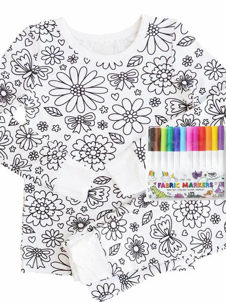 Kids Coloring Pajama Set with 12 Washable Markers – DIY Color Your Own Sleepwear for Boys & Girls