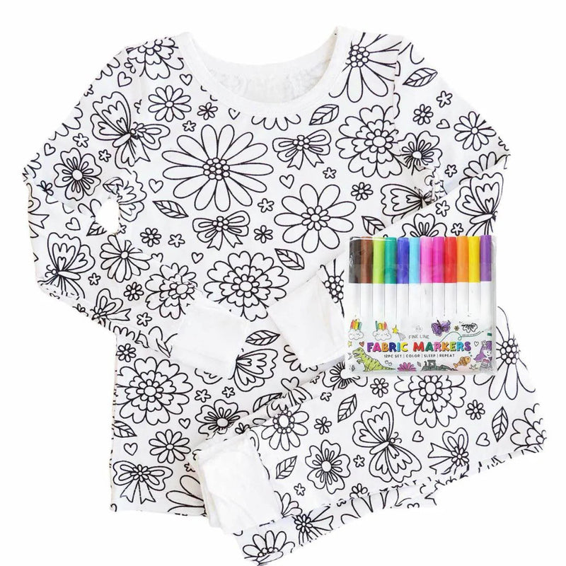 Kids Coloring Pajama Set with 12 Washable Markers – DIY Color Your Own Sleepwear for Boys & Girls