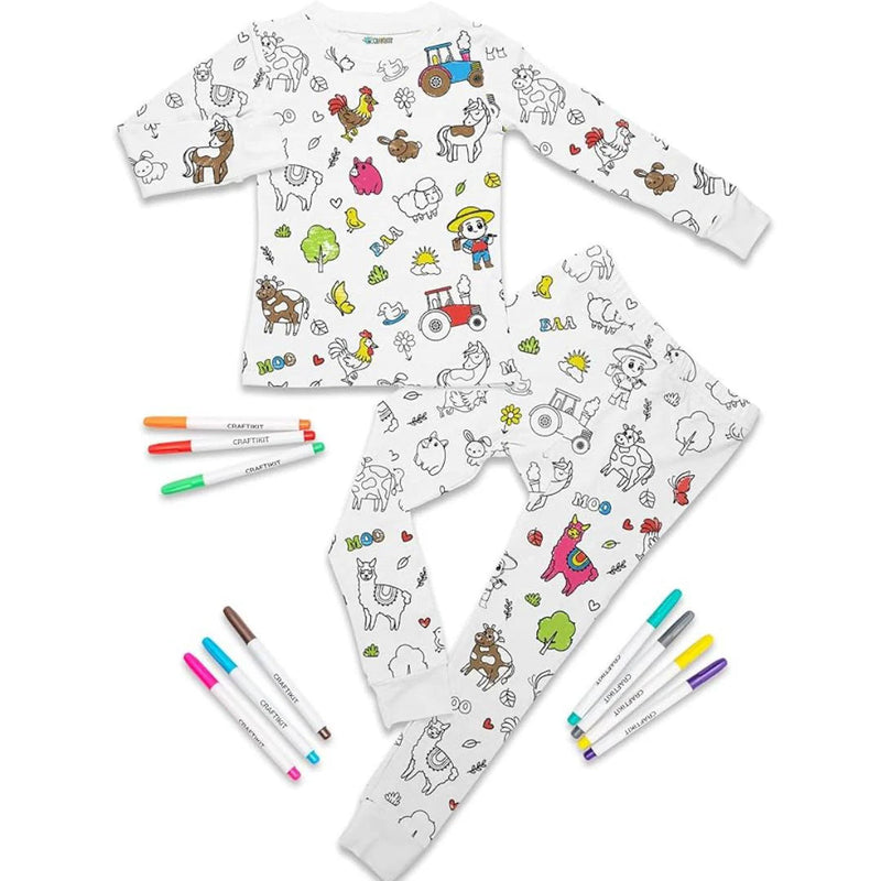 Kids Coloring Pajama Set with 12 Washable Markers – DIY Color Your Own Sleepwear for Boys & Girls