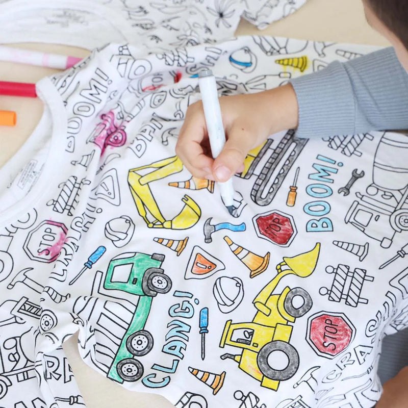 Kids Coloring Pajama Set with 12 Washable Markers – DIY Color Your Own Sleepwear for Boys & Girls