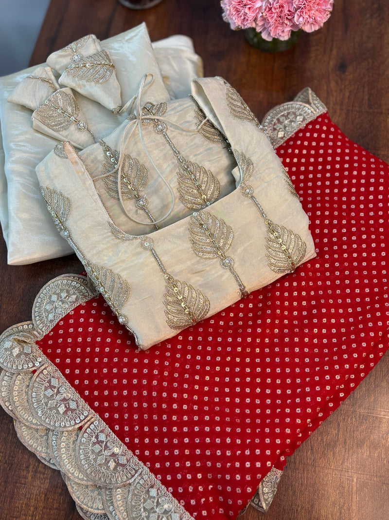 Ivory Silk Sharara Set with Golden Thread Embroidery & Red Bandhej Dupatta