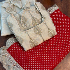 Ivory Silk Sharara Set with Golden Thread Embroidery & Red Bandhej Dupatta