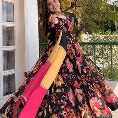 Women's Floral Printed Viscose Organza Kurta Pant Dupatta Set