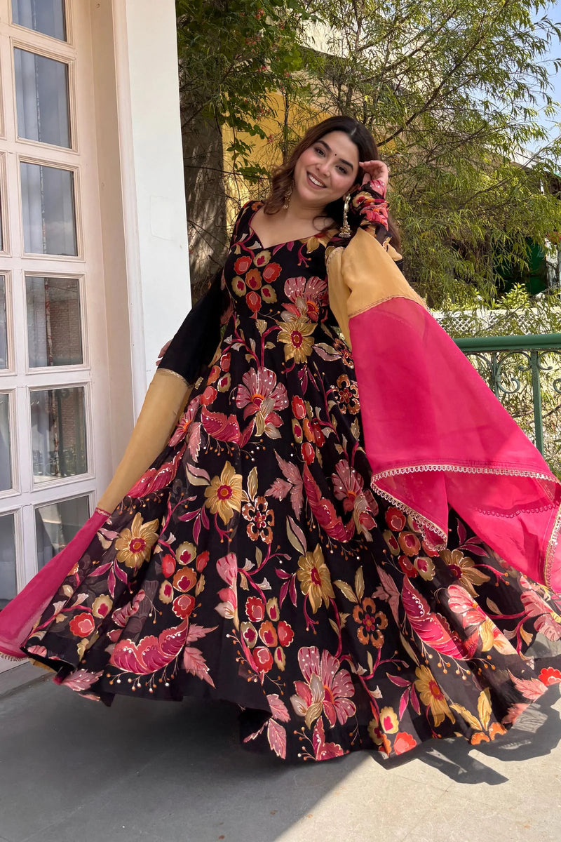 Women's Floral Printed Viscose Organza Kurta Pant Dupatta Set