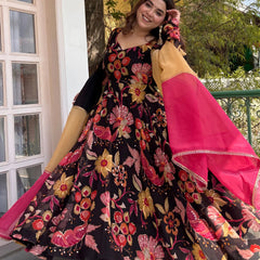 Women's Floral Printed Viscose Organza Kurta Pant Dupatta Set