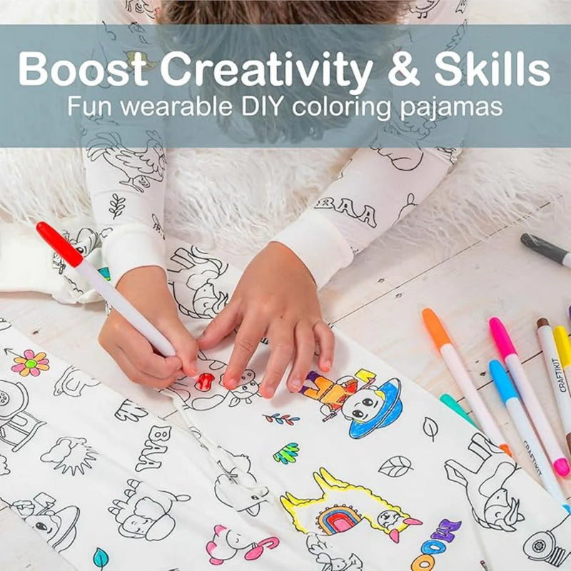 Kids Coloring Pajama Set with 12 Washable Markers – DIY Color Your Own Sleepwear for Boys & Girls
