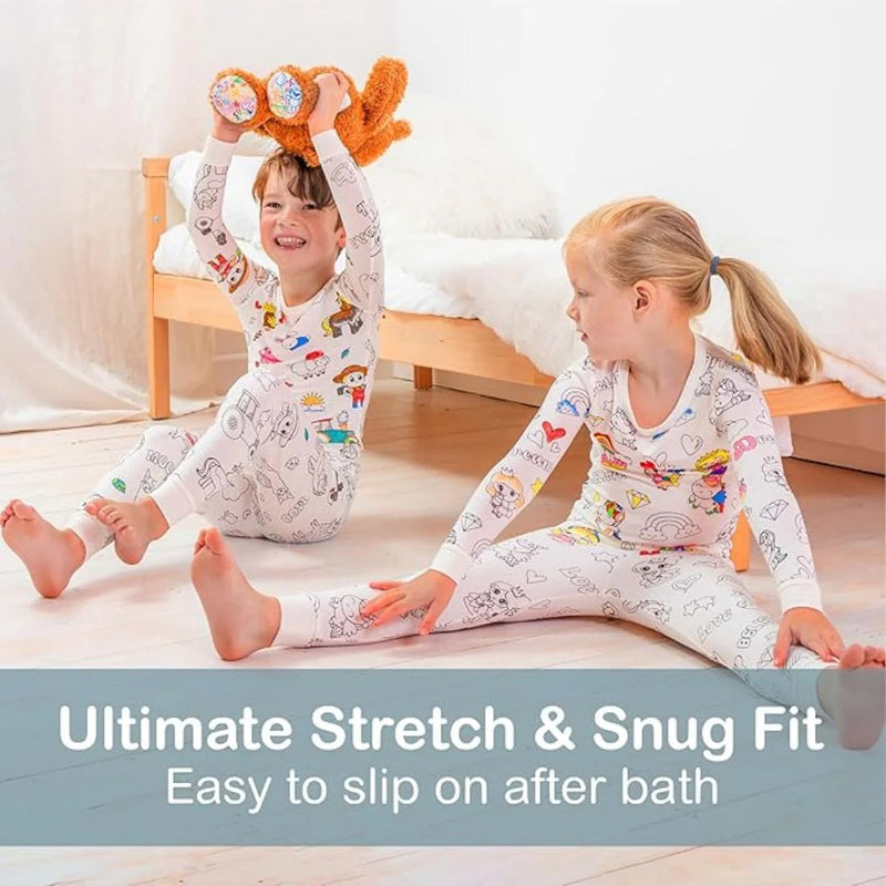 Kids Coloring Pajama Set with 12 Washable Markers – DIY Color Your Own Sleepwear for Boys & Girls