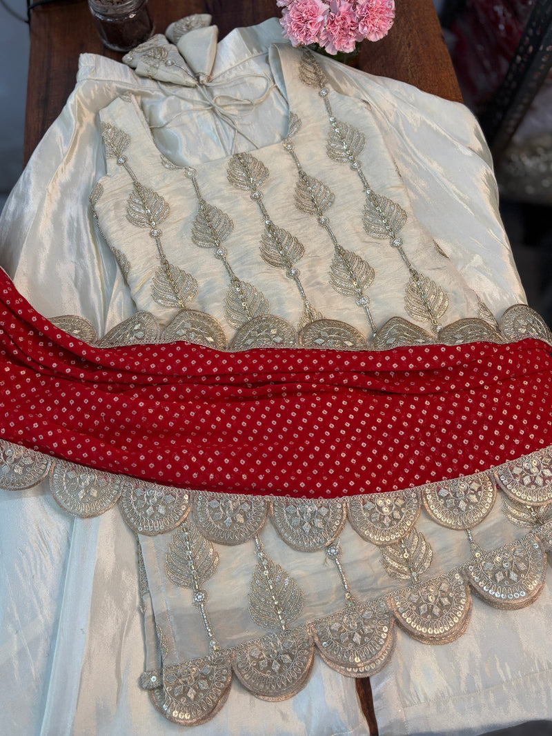 Ivory Silk Sharara Set with Golden Thread Embroidery & Red Bandhej Dupatta