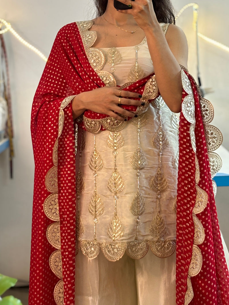 Ivory Silk Sharara Set with Golden Thread Embroidery & Red Bandhej Dupatta