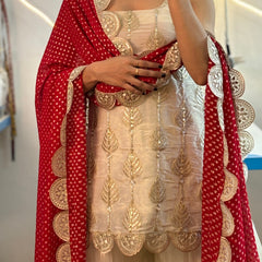 Ivory Silk Sharara Set with Golden Thread Embroidery & Red Bandhej Dupatta